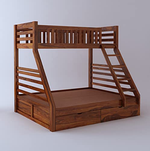 Image of Ganpati Arts Sheesham Wood Italian Bunk Bed Twin Over Bed with Ladder Wooden Bunk Bed with 2 Drawer Storage for Bedroom Living Room and Home (Natural Finish) 1 Year Warranty