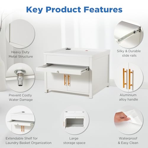 Image of 2 Pack Laundry Pedestal for Washer Dryer Stand 700LBS Shock-Proof | with Pull-Out Shelf Hidden Storage Drainage, Heavy Duty Base, White