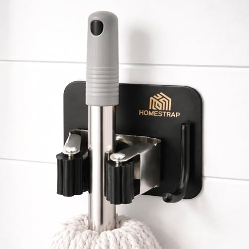Image of HomeStrap Stick-On Mop & Broom Holder with Rubber Grip | Stainless Steel Wall Holder with Hook for Mops, Brooms, Wiper & Towels | No Drilling Waterproof Self-Adhesive Hook for Daily Use | Set of 2