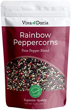 Viva Doria Rainbow Peppercorns Blend, Steam Sterilized Whole Black Pepper, Whole Green Pepper, Whole Pink Pepper, Whole White Pepper, 12 Oz, For Grinder Refills