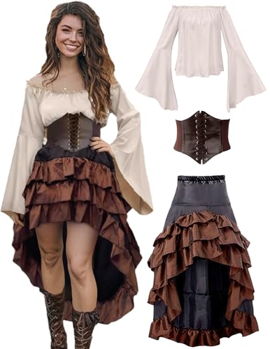 Verceco Pirate Costume Women Outfit with Renaissance Pirate Shirt Skirt