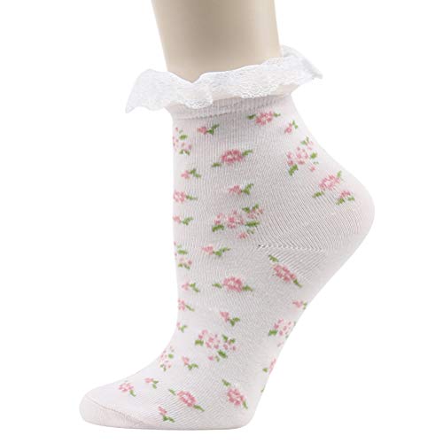 Image of KitNSox Funcat Women's Lace Ruffle Frilly Colorful Floral Cotton Casual Novelty Ankle Socks 4 /5 /6 Pairs