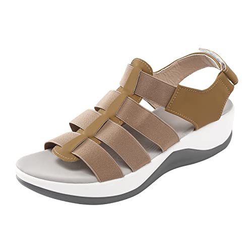 Womens Sandals Ladies Fashion Summer Breathable Stretch Cloth Platform Wedge Hook&Loop Sandals (Khaki, 8)