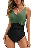 Vijamiy Badeanzug Damen Bauchweg Schlankheits Push Up Bademode V Ausschnitt Sexy Badeanzug Damen Modische Monokini Größe One Piece Swimsuits (Armeegrün+Schwarz,XL)