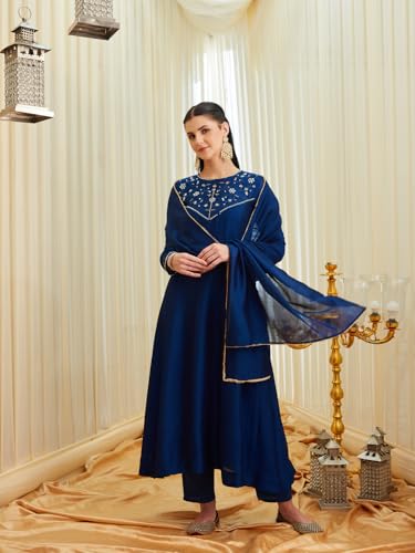 Image of MOKOSH Women's Silk Hand Work Anarkali Kurta Pant with Dupatta | Anarkali Kurta Pant | Embroidered | Round Neck Full Sleeve | 3 Piece Outfit | Ethnic Wear