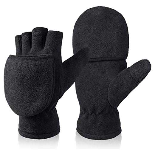 Mens Womens Winter Fingerless Gloves: Thermal Thick Warm Fleece Convertible Mittens for Photographer in Cold Weather - Black Large