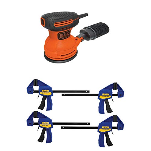 BLACK+DECKER Random Orbit Sander, 5-Inch with IRWIN QUICK-GRIP Clamps, One-Handed, Mini Bar, 6-Inch, 4-Pack (BDERO100 & 1964758)