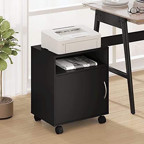 FITUEYES Printer Stand Wood Black Desk Side Mobile 1 Open 2 Closed Storage with Wheels 48x34x56.8cm PS404801WB