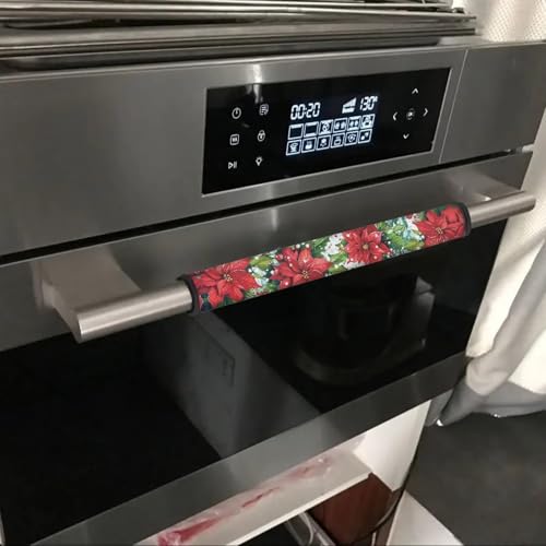 Image of Christmas Refrigerator Handle Covers, Red Poinsettia Flower Refrigerator Door Handle Covers Kitchen Appliance Decor Handles Anti-Skid Microwave Oven Stove Dishwasher Handle Protector 6 Pack