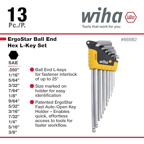 Image of Wiha 66988 ErgoStar Ball End Hex L-Key Set, 13 Piece, Inch, Patented Auto-Open Holder, Chrome-V-Moly Steel