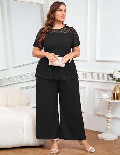ZOMVA 1X-4X Plus Size Mother of Bride Groom Pant Suits Elegant Lace Short Sleeve Pantsuits 2 Piece Sets Formal Wedding Guest4