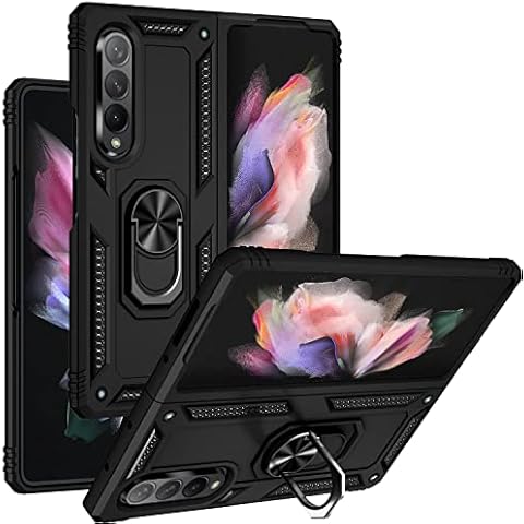 Asuwish Phone Case for Samsung Galaxy Z Fold 3 5G 2021 Cover and Stand Ring Holder Hard Shockproof Magnetic Kickstand Heavy Duty Cell Accessories Gaxaly ZFold3 Z3 Fold3 3Z ZFold35G Women Men Black Cover
