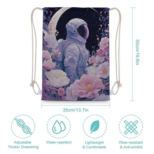 Astronaut Crescent Moon Flowers Drawstring Backpack Canvas String Bag Lightweight Sports Gym Bag for Men Women2