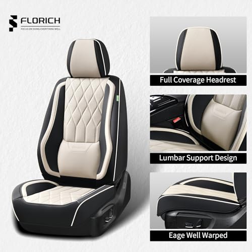 Image of FLORICH Car Seat Covers Front and Rear Seat Cover for Car Luxury Faux Leather Automotive Seat Covers Full Set Universal Car Seat Protector 5 Seats Fit for Most Cars Sedans Trucks SUV, Black&Beige