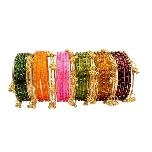 Image of Kashmiri Ghangharoo Glass Bangle Set for Women| Light Weight Bangles | Traditional Transparent Fancy Glass Chudi Set for Wedding, Party|Set Of 16(12 Glass + 4 ghungroo bangles)