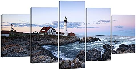 Wieco Art Portland Lighthouse 5 Piece Seascape Canvas Paintings Wall Art Extra Large Modern Ocean Sea Beach Giclee Canvas Prints Artwork Pictures Home Office Decoration for Living Room Bedroom XL