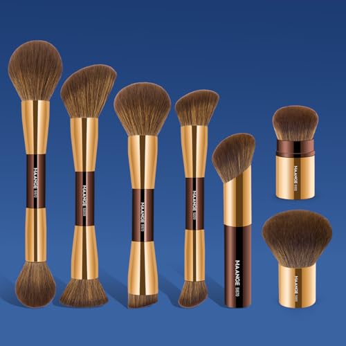 MAANGE 7pcs Makeup Brush Set Double Sided Kabuki Makeup Brushes Contour Brush for Foundation Liquid Powder Concealer Cream Cosmetics Bronzer Blending Blush Buffing Makeup Tools (Coffee)