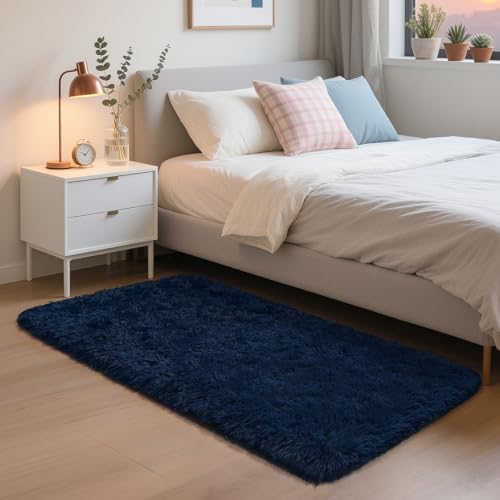 HOMORE Runner Rug 2x4 Navy Blue Rug for Bedroom, Fluffy Runner Rugs for Hallway Bedside, Long Rugs for Living Room Kids Room, Soft Carpet for Dorm Indroor Entrance