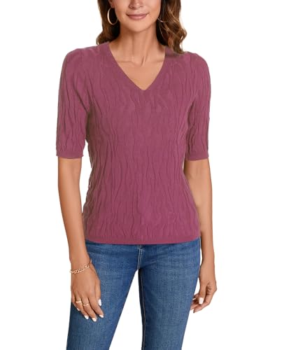 Image of MINTLIMIT Womens Short Sleeve Sweater Summer Pullover Shirt Tops Texture V Neck Casual Knit Tees Tops
