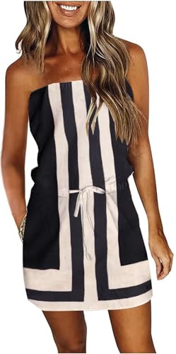 Image of Summer Dress for Women Strapless Beach Cover Ups Boho Sundress Mini Dress Drawstring Waist with Pockets