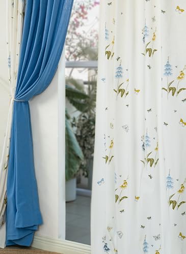 Image of Tranquebar Curtain Co. Window Curtains 5 Feet, 60-65% Room Darkening, Blue Butterfly & Floral Print, Cotton Curtains for Window, Cotton Curtains 5 Feet Set of 3, BackTabs, Titli Blue Combo (152 cm)