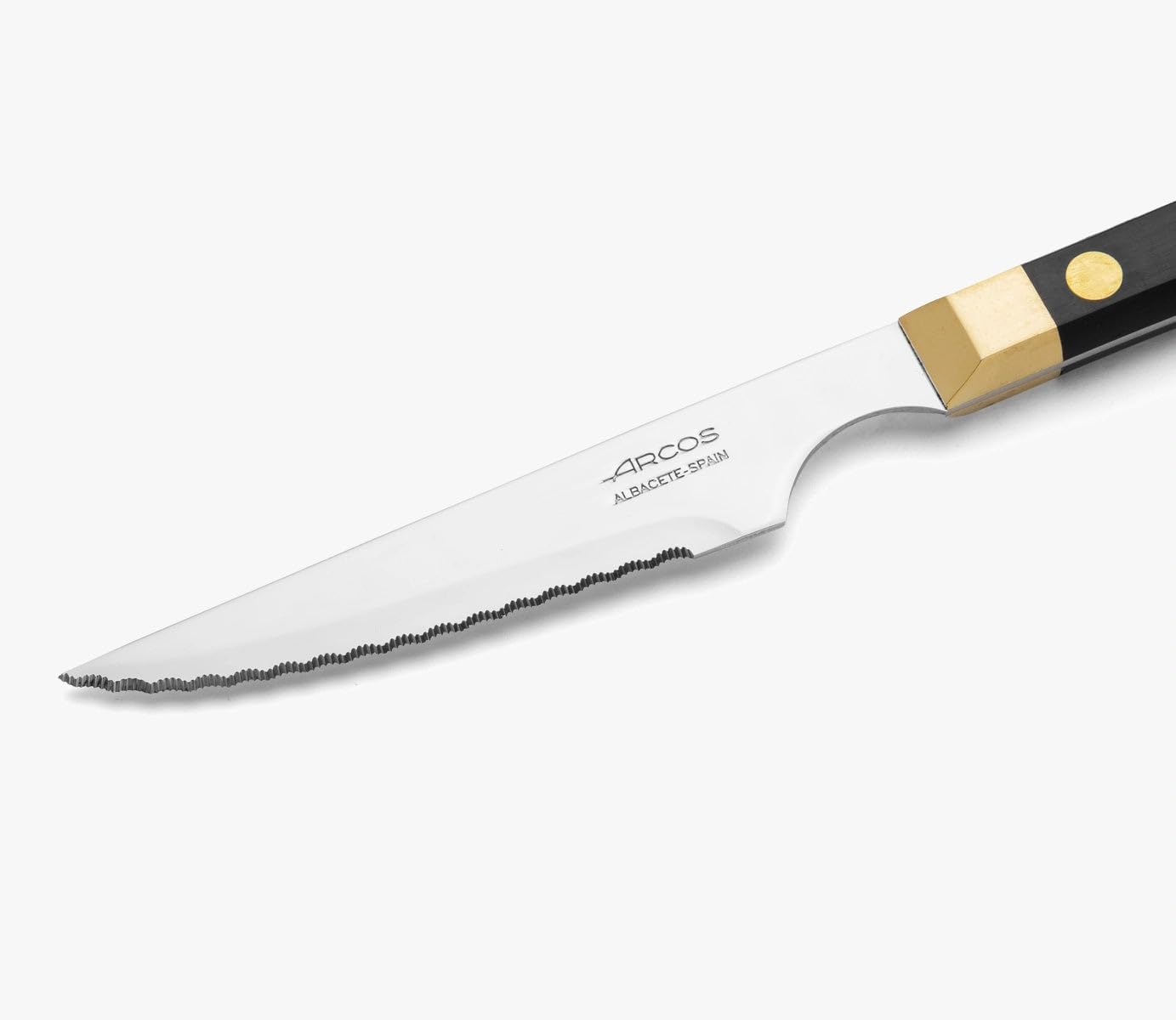 Arcos Serrated 5 Inch Steak Knife in Stainless Steel. Professional Cooking Knife For Cutting Variety of Foods. Ergonomic Polyoxymethylene POM Black and Gold Handle. Regia Series