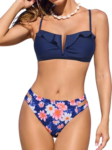 CUPSHE Women's Bikini Sets Two Piece Swimsuit Sweetheart Neck V Wire Ruffled Bathing Suit Crisscross Back Cheeky Bottom