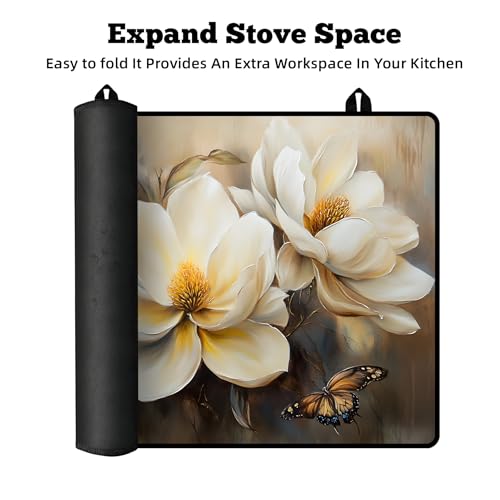 Image of Multi-Design Stove Top Cover for Glass /Electric Stoves - 3-in-1 Heat-Resistant Protector Mat, Non-Slip Drying Rack 28 inchx20 inch (Flower-Butterfly, 28 inch L x 20 inch W)