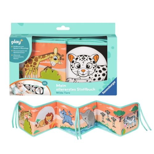 Ravensburger 4856 Play+ Mein allererstes Stoffbuch: Wild Tiere, Leporello für die Bauchlage, Stoffbuch, Kuschelbuch, Babybett Umrandung, Nestchen