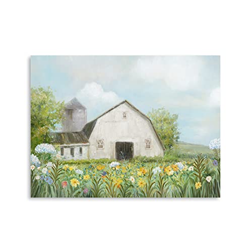 Yelash Old Barn Pictures Wall Art, Rustic Farmhouse Wall Decor For Living Room, White Barn Canvas Art Colorful Flowers Country Landscape Painting Poster For Home Decoration (10"X15") #TOP1