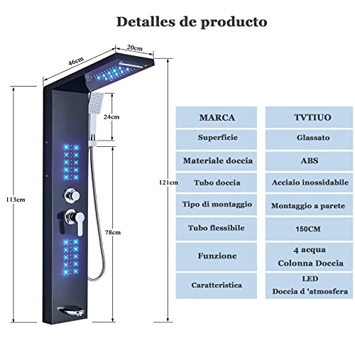 TVTIUO-Columna-de-Hidromasaje-LED-Negra-Columna-Ducha-Acero-InoxidableSistema-de-Ducha-5-funciones-Set-Ducha-de-Bano