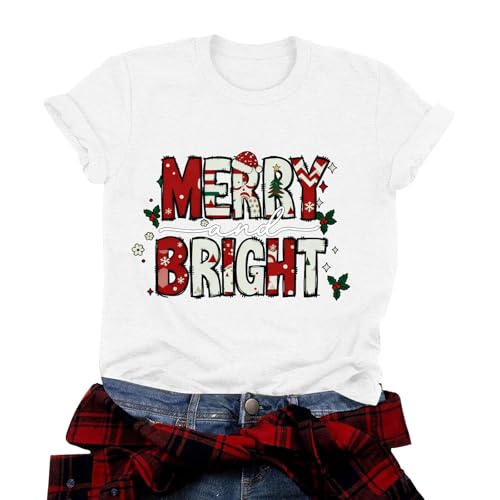 Image of T-Shirt Women's Tops Blouse Top T Shirt Women's T-Shirt with Christmas Letters Print Crew Neck Short Sleeve White Shirts, White, 3XL