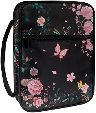 POJAGU Bible Cover, Carrying Bible Book Bag Church Case, Floral Pattern Bible Protective with Handle and Zippered Pocket for Men Women Girls, Black