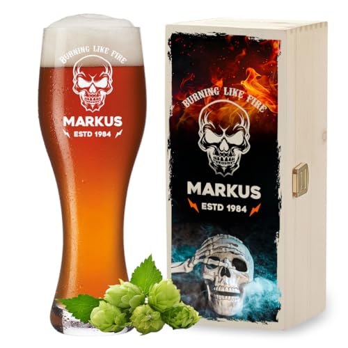 polar-effekt Bicchiere da birra bianco da 0,5 litri e scatola di legno in set da 2 pezzi con incisione, personalizzato con nome, regalo per la festa del papà, ideale per birra e grano, senza BPA