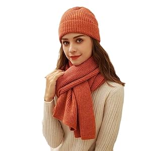 Damen Winter Strickmütze Schal Set Leopard Beanie Mütze Halswärmer Skimütze, Orange, One size