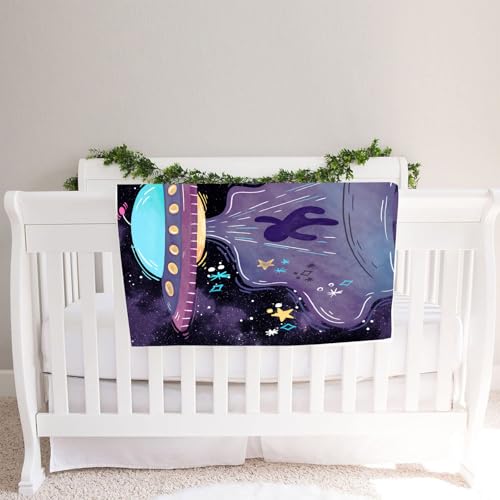Image of UFO Baby Monthly Milestone Blanket Spaceship, Purple Galaxy, 48x40in | Soft Flannel, Alien Spaceships, Newborn Mom Gifts, Baby Shower Age Growth Tracker with Bonus Maker, Photography Props