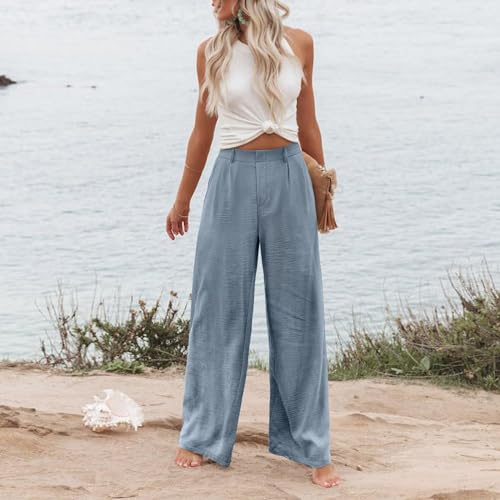 Dress Pants Women Linen Business Casual Elastic High Waisted Palazzo Pants Summer Baggy Beach Pants with Pockets4
