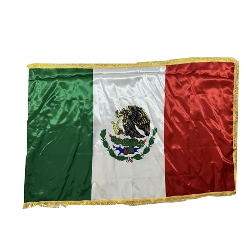 Stormflag Bandera de satén de México de 3x5ft/90x150cm Bandera México poliéster con franja de oro