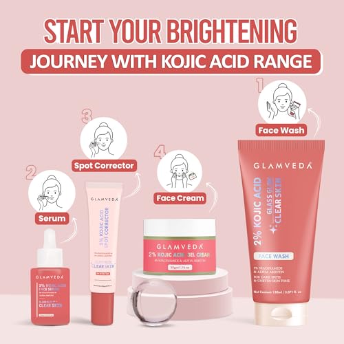 Image of Glamveda 2% Kojic Acid 4 Step Skincare Routine Facewash, Spot Corrector, Serum & Gel Cream For Remove Dark Spots, Pigmentation, Acne Scars, Clear and Glowing Skin | For Men & Women | All Skin Type
