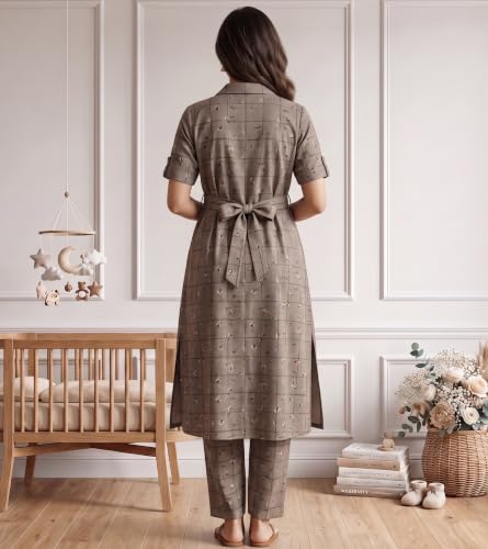 Image of DUMMY SHAPE Feeding Dresses for Women Full Set | Cotton Blend Maternity Kurta Pant Suit with Dual Nursing Zippers, Side Pocket to Pre & Post Pregnancy | Mom to Be Gifts