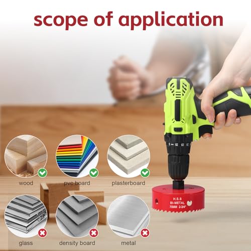Hole Saw 2-3/4 Inch, HSS Bi-Metal Hole Cutter with 70 mm Cutting Depth for Cutting Wood, Plastic, Drywall, Plasterboard, Recessed Lighting and Soft Metal Sheet, Red