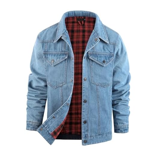 Flygo Mens Flannel Lined Denim Jacket Snap Cowboy Cut Western Classic Slim Fit Vintage Heavy Duty Jacket Trucker Coat(LightBlue-XL)