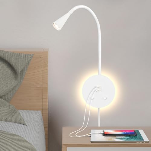 Image of White Headboard Reading Light, 2 Pack Led Wall Mounted Book light, Bedroom Reading Lamp, USB Output, Night Light & Switch, Wall Sconce for Bedtime Reading, Gooseneck Headboard Bed Lights Wall Sconce