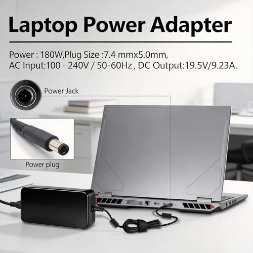 Image of 180W Laptop Charger for Dell, 19.5V 9.23A, 7.4 x 5.0mm AC Adapter | Fits select G15 5511 /5515 /5520, Precision 7530 /7550 /7560, Alienware 13 R3 /m15 R2 and WD19 /WD22TB4