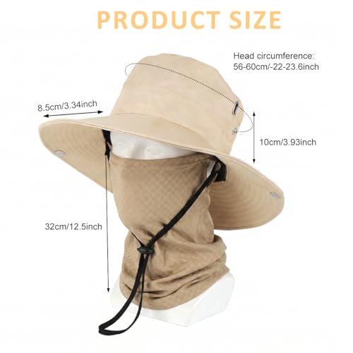 Image of GUSTAVE UV Sun Protection Hat with 2 in 1 Face Cover Neck Gaiter, Wide Brim Round Cap with Ice Silk Nylon Breathable Mesh Mask, UV Protection Fishing Hiking Cycling Outdoor Cap Set Light Khaki