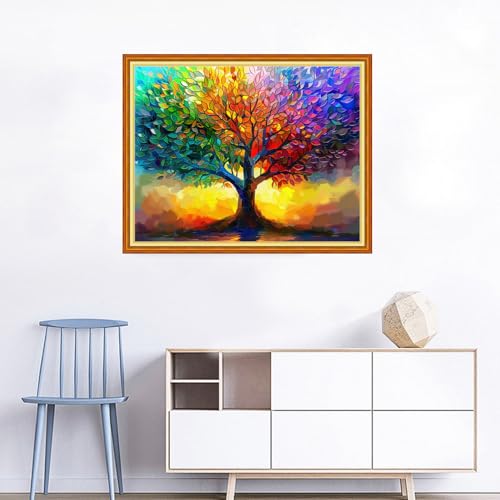 Image of Joyhoor Cross Stitch Kits for Beginners Stamped Cross-Stitch Supplies Needlework preprint Embroidery Kits for Adults DIY Needlepoint Kits Embroidery Patterns 11CT-Colorful Tree 16x20 inchs