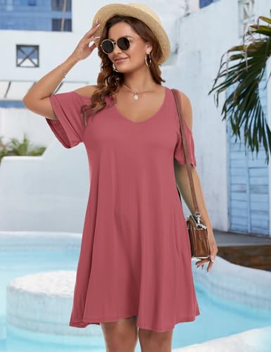 Image of JollieLovin Womens Plus Size Short Sleeve Cold Shoulder V Neck T-Shirt Dress with Pockets
