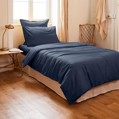 Générique Housse de Couette 2 Pieces 140 x 200 cm Unie 100% Percale de Coton Peigné – 80 Fils/cm² + 1 taies d'oreiller 65 x 65 cm Volant piqué Percale 1 Place Certifié Luxury Qualite (Bleu PETROLE)