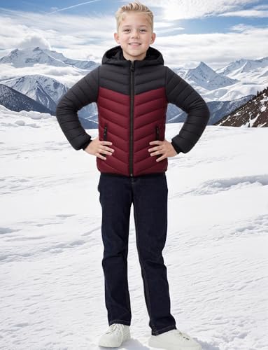 Happy Cherry Boy Girls Quilted Lightweight Jacket Contrast Color Puffer Coat with Zipper Pockets Hooded Outerwear 7-16Y3