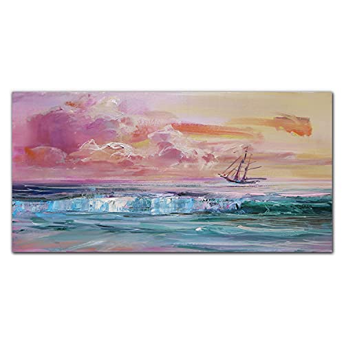 Tableau en verre acrylique 100x50 cm avec impression de peinture d'océan et navire pour salon